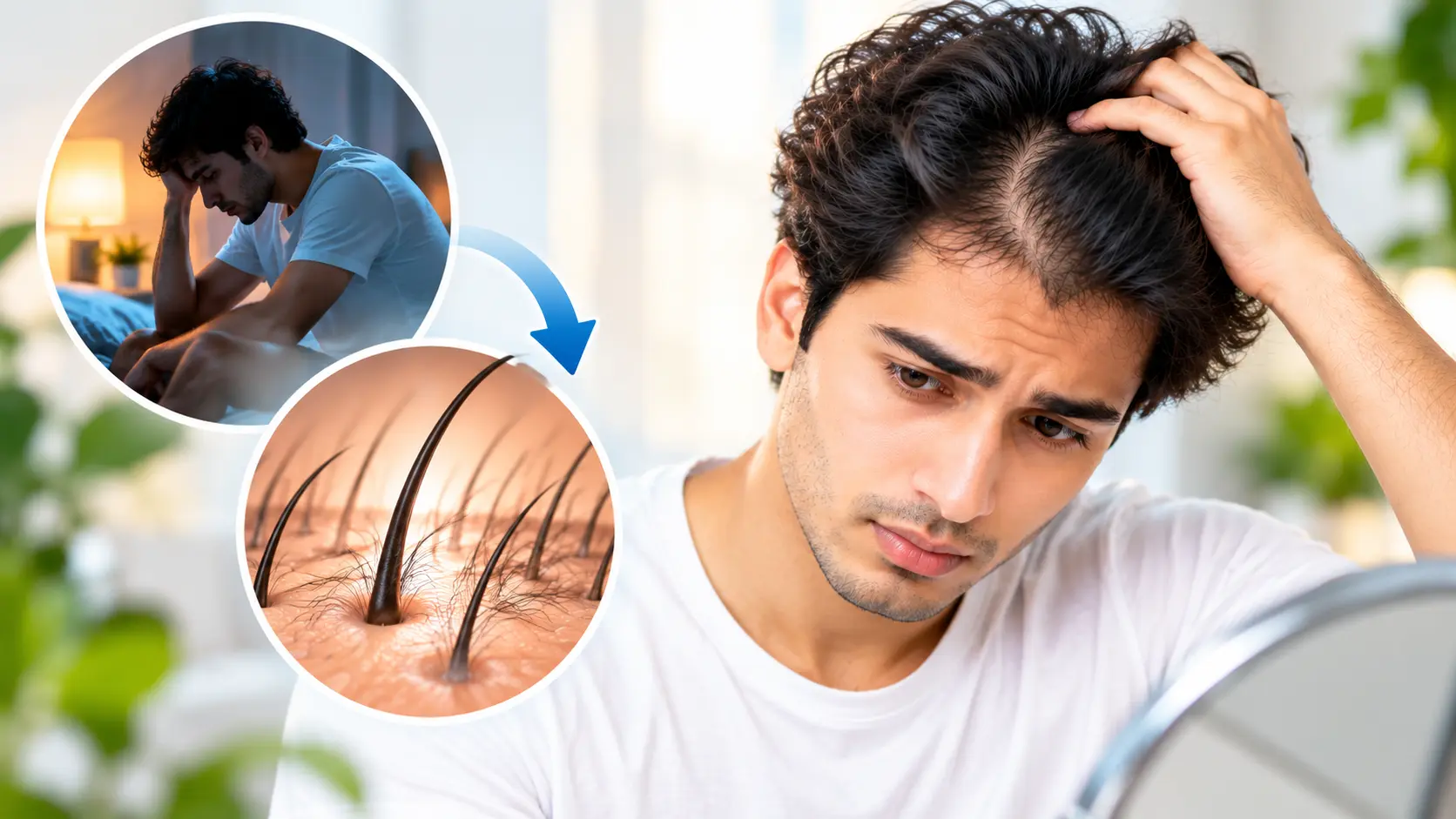 Can masturbation cause hair loss — young man checking his thinning hairline, with stress and hair follicle close-ups