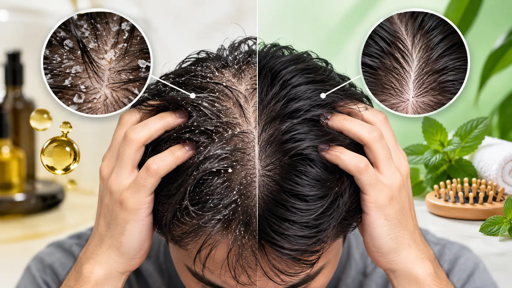 Hair fall due to dandruff and oily scalp — before and after comparison of flaky vs healthy scalp
