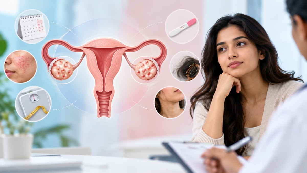 Medical illustration of the female reproductive system highlighting PCOD vs PCOS symptoms, hormonal changes, fertility concerns, and women's health.