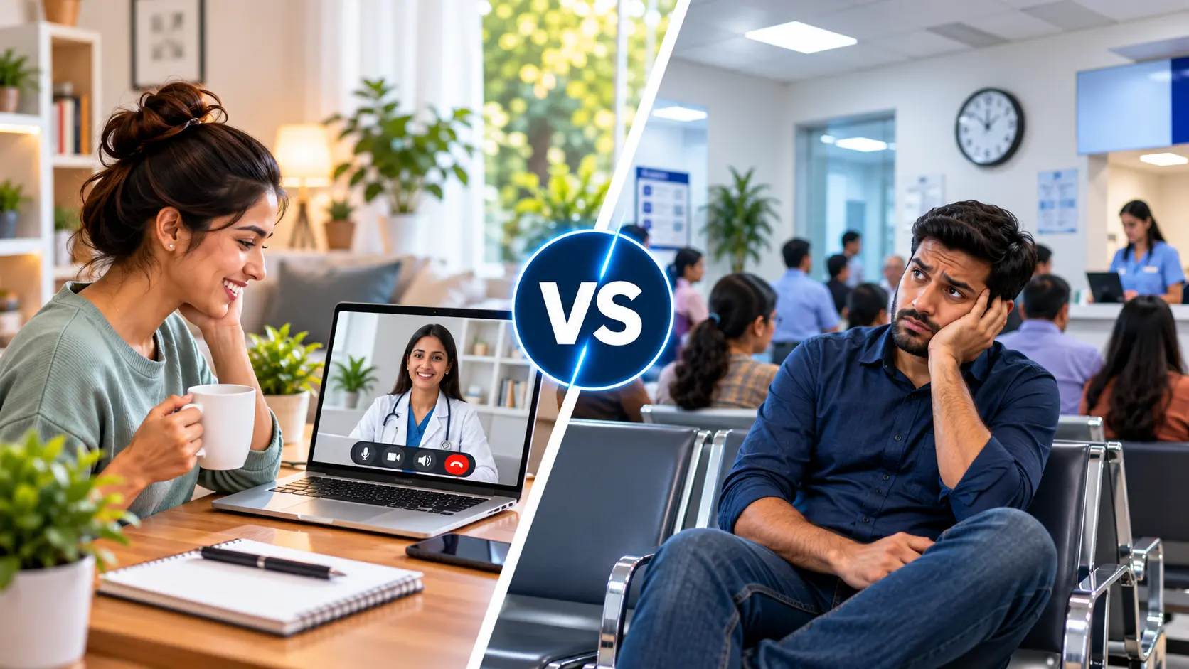 Telehealth vs in-person visit — split comparison of a virtual doctor consultation and a traditional clinic visit